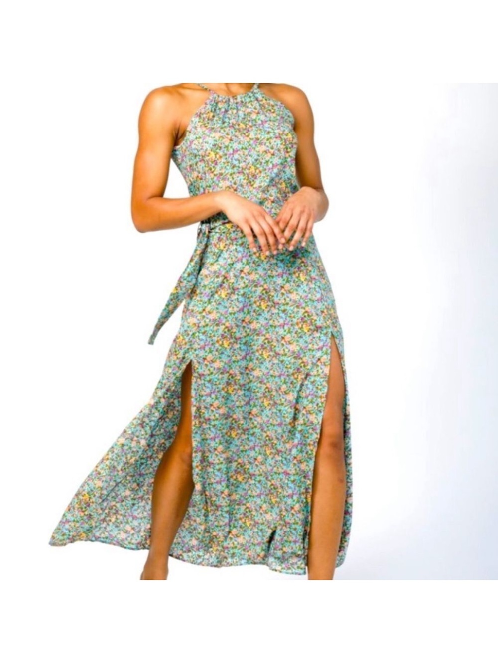Floral Halter Maxi Dress with Side Slits - Green Floral 💟